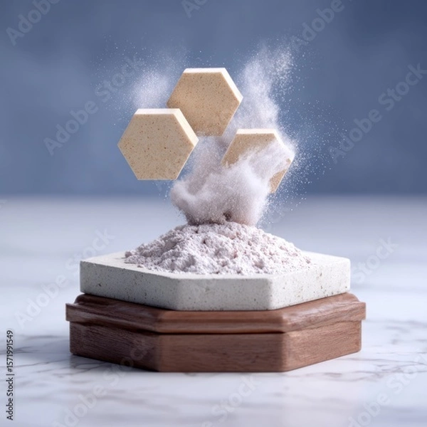 Fototapeta Three hexagon shapes levitating above a pile of fine powder on a textured surface