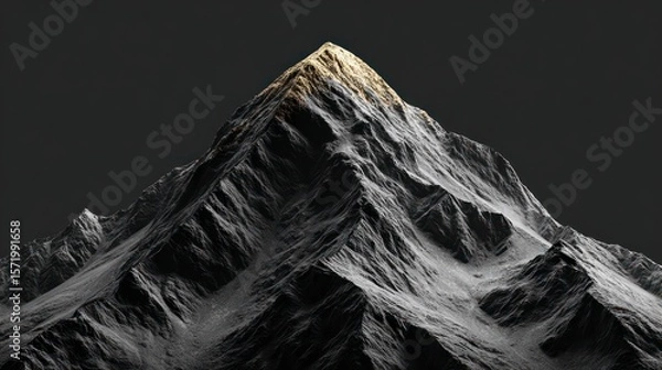 Fototapeta Rugged grey mountain peak illuminated by a golden sunbeam against a dark sky