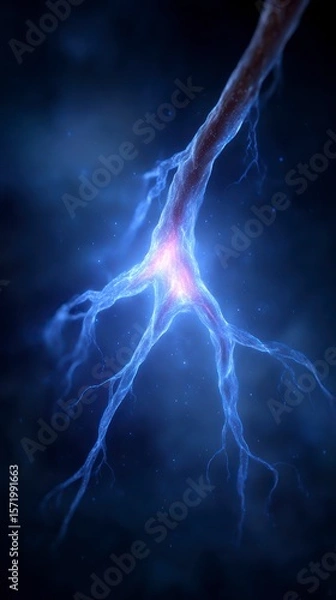 Fototapeta A glowing blue neuron cell with branching dendrites and a vibrant pink nucleus