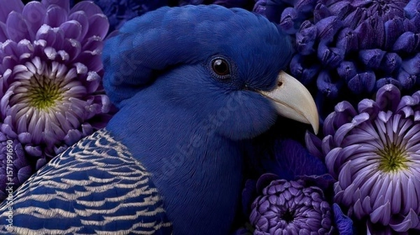 Fototapeta Close up of a vibrant blue bird with intricate plumage nestled amongst deep purple chrysanthemums