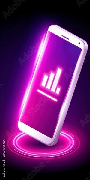 Fototapeta White smartphone displaying glowing white bar chart on purple screen against dark background with neon light effect