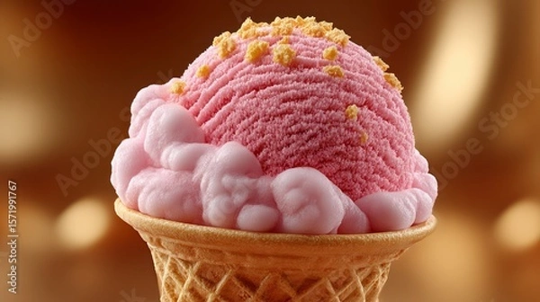 Fototapeta Close up of a pink ice cream cone with textured scoop topped with crumbs and puffy frosting
