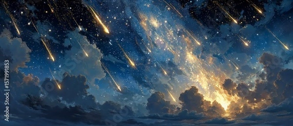 Fototapeta Shooting stars streak across a twilight sky filled with clouds and distant galaxies