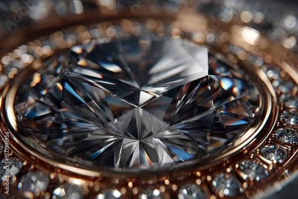 Fototapeta Extreme close up of a large faceted diamond surrounded by smaller sparkling diamonds and a golden setting