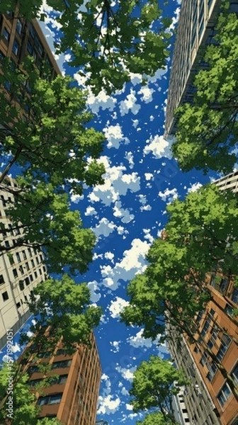Fototapeta Tall buildings and lush green trees under a bright blue sky with white clouds