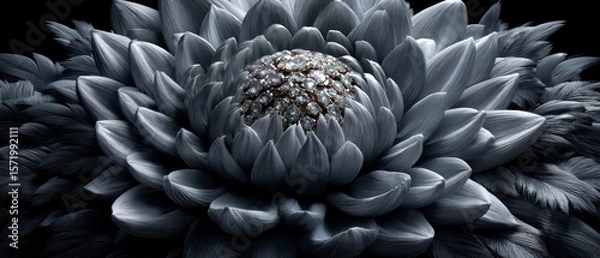 Fototapeta Close up grayscale view of a dahlia flower with a diamond cluster center