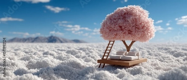 Fototapeta Pink blooming tree on a wooden platform with a sofa and ladder on a white fluffy landscape