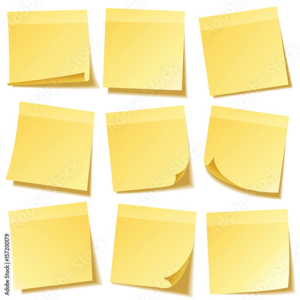 Obraz Sticky note with shadow isolated on transparent background set. Yellow paper. Message on notepaper.Reminder. Vector illustration.