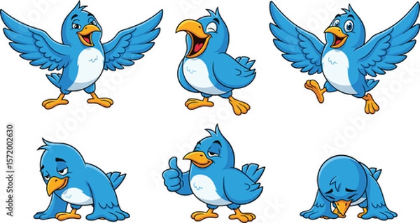 Fototapeta Cartoon blue bird with different emotions, happy sad funny poses, expressive flying bird character, cute animal clipart, isolated on white