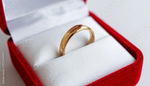Fototapeta Golden ring placed on a satin miniature pillow in a red soft open box