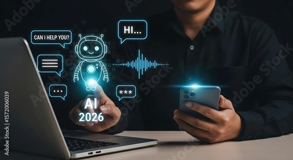 Obraz AI Virtual Assistant Chat UI Concept 2026.Advanced Chatbot System for Smart Communication ,AI Assistant with Message Bubbles,2026 AI Technology for  Communication,Advanced Chatbot Interface for Suppor