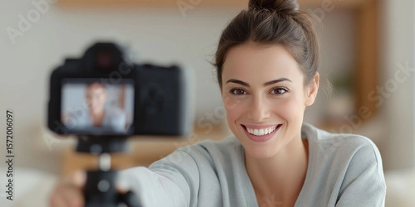 Fototapeta A beautiful woman is smiling and recording her video content on the camera, holding it in front of herself with one hand while sitting at home. 