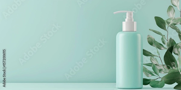 Fototapeta Minimalist mockup of a blank shampoo bottle standing on the right side, with eucalyptus leaves and a mint green background.