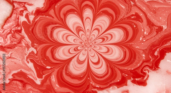 Fototapeta Abstract Red and White Floral Mandala Design, Swirling Kaleidoscope Pattern