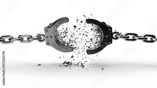 Obraz Broken handcuffs symbolizing freedom and liberation. The metal chain has broken apart, indicating breaking free from confinement