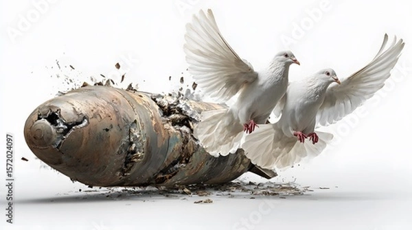 Obraz Two doves emerge peacefully from a shattered bomb, symbolizing the end of violence and the dawn of peace