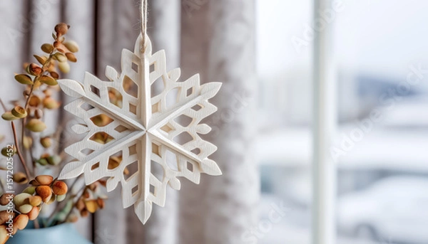 Fototapeta Snowflake ornament hangs near window
