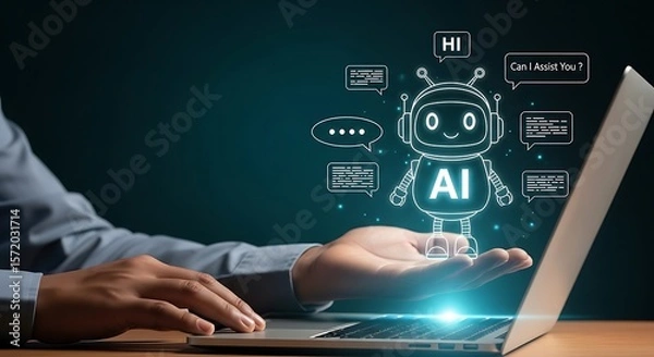 Obraz AI Chatbot Hologram Communication Concept. Digital AI Chat Bot Interface with Speech Bubbles ,Virtual Robot Chatbot with Text Message Icons,AI Support Bot Holographic Display Technologym,