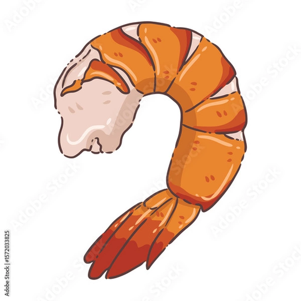 Fototapeta A vibrant and appealing illustration of a single cooked shrimp, curled into a classic "C" shape, showcasing its characteristic bright orange and pink segments with a hint of white
