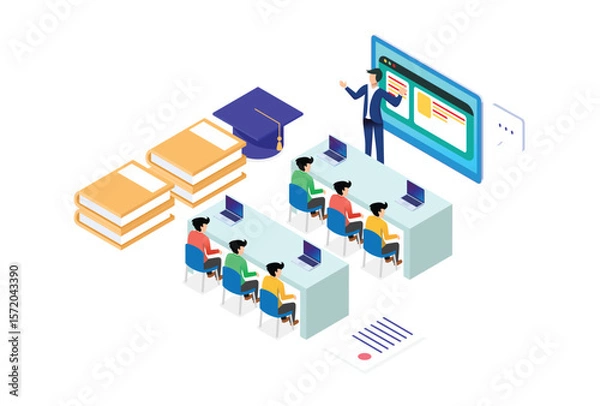 Obraz Modern Isometric Smart E-Learning Technology Illustration, Suitable for Diagrams, Infographics, Book Illustration, Game Asset, And Other Graphic Related Assets in isolated white background
