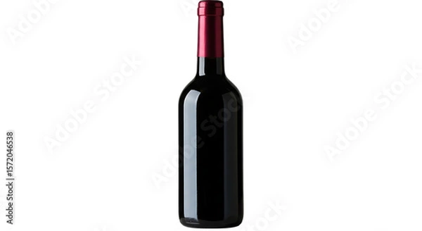 Obraz A sleek dark glass bottle filled with rich red wine and sealed with a metallic burgundy foil cap isolated on white background
