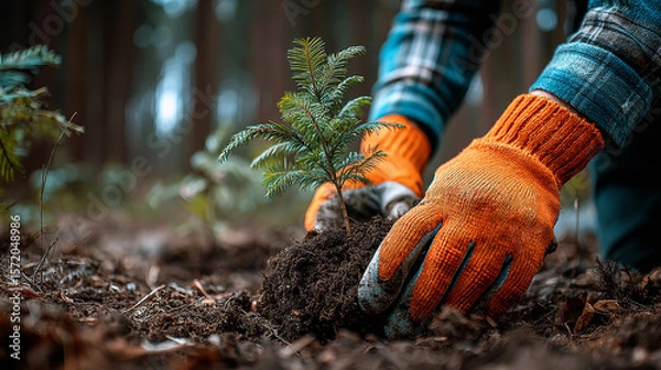 Fototapeta Gloved hands carefully plant a vibrant green sapling into rich forest soil, symbolizing hope for a sustainable future.