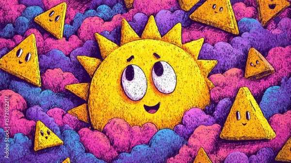 Fototapeta Whimsical Sun and Triangle Characters in Colorful Clouds Illustration