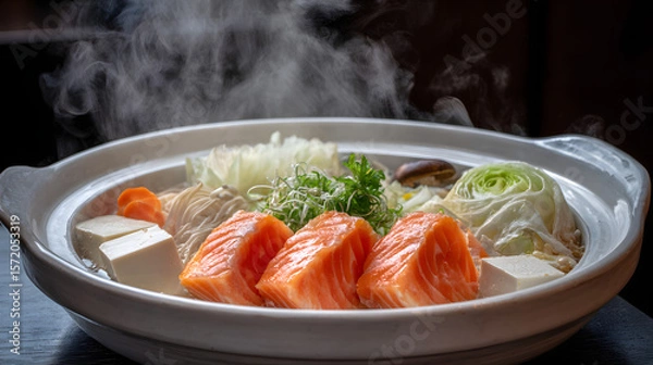 Fototapeta Fresh Ishikari Nabe with Salmon and Vegetables in a Steaming Hot Pot from Hokkaido, Japan