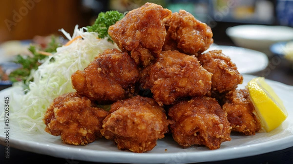 Fototapeta Crispy fried chicken zangi chunks served with fresh vegetables and lemon slice on a white plate