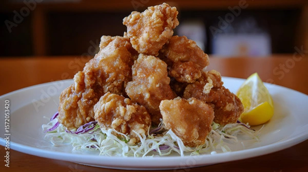 Fototapeta Crispy Fried Chicken Zangi Chunks on a Plate with Shredded Cabbage and Lemon Wedge in Hokkaido Style