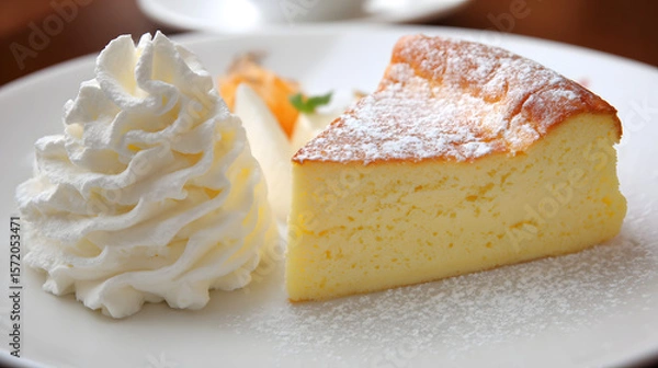 Fototapeta Fluffy and Light Japanese Cheesecake Served with Whipped Cream on a Plate with Garnishes