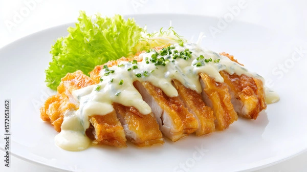 Fototapeta Crispy Fried Chicken Thigh Fillet with Sauce and Vegetables on Plate in Elegant Restaurant Setting