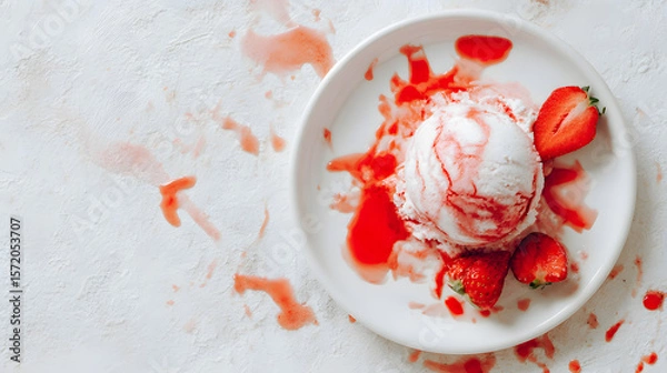 Fototapeta Delicious Strawberry Swirl Ice Cream Scoop with Fresh Strawberries on White Plate and Splashes of Syrup