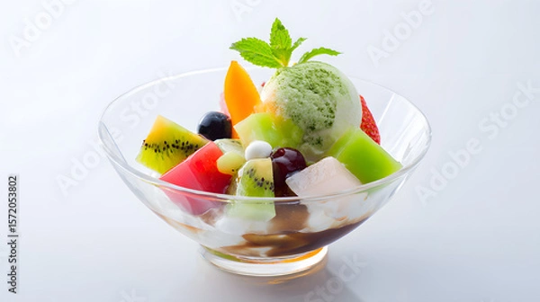 Fototapeta Traditional Anmitsu Dessert with Fresh Fruits and Matcha Ice Cream in a Transparent Bowl