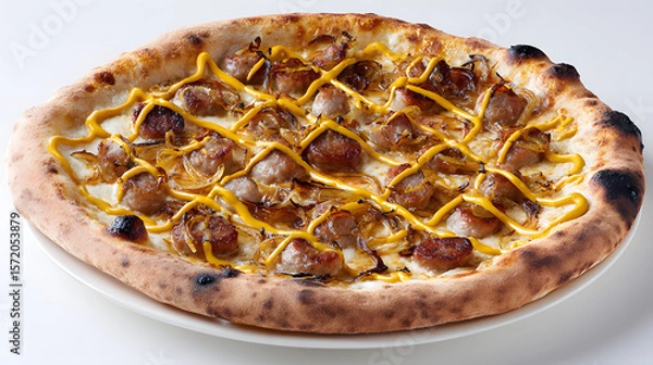 Fototapeta Rustic Neapolitan Style Pizza with Unique Toppings and Golden Sauce Drizzled Artfully on Top