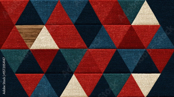 Fototapeta Textured Triangle Mosaic Pattern in Red, Blue, and Wood Tones