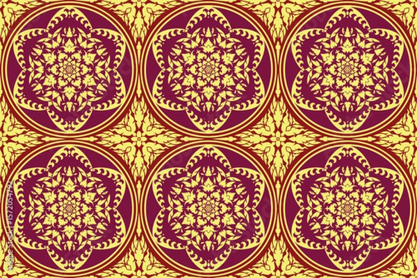 Fototapeta Traditional Thai art seamless floral pattern in damask style motifs suitable for wallpaper, cloth, curtain, textile, tile and fabric design isolated illustration vector archive EPS file.