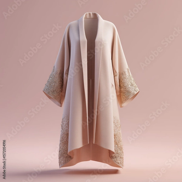 Fototapeta mock up tunic, tunic with elegant design, soft beige material with neat cuts at the bottom and sleeves, clean light pink background, ai generated images.