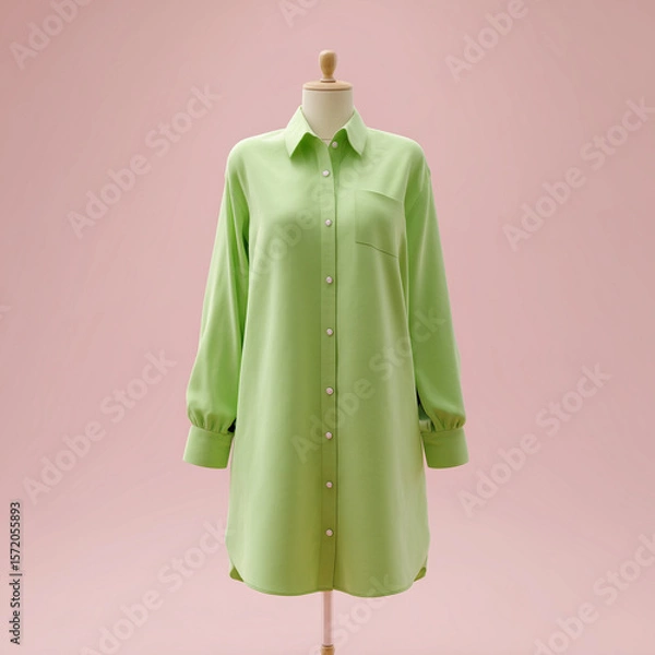 Fototapeta mock up tunic, long green pastel colored tunic with casual design, made of lightweight material, long sleeves with buttons on the front, on a mannequin, ai generated images