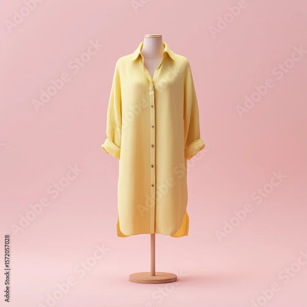 Fototapeta mock up tunic, long yellow pastel colored tunic with casual design, made of lightweight material, long sleeves with buttons on the front, on a mannequin, ai generated images.