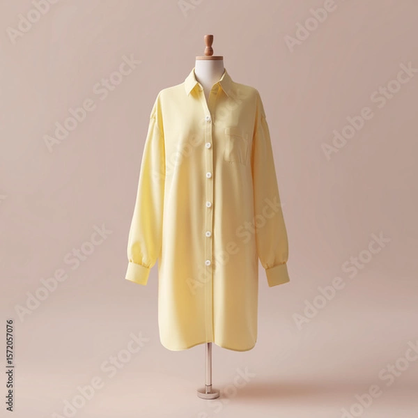 Fototapeta mock up tunic, long yellow pastel colored tunic with casual design, made of lightweight material, long sleeves with buttons on the front, on a mannequin, ai generated images.