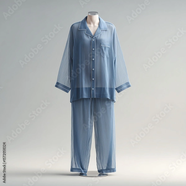 Fototapeta pajama mock up, plain blue sheer rayon pajamas with wide collar, on mannequin, neutral light grey background with soft studio lighting,  ai generated images.