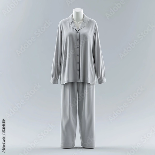 Fototapeta pajama mock up, plain grey sheer rayon pajamas with wide collar, on mannequin, neutral light grey background with soft studio lighting, ai generated images.