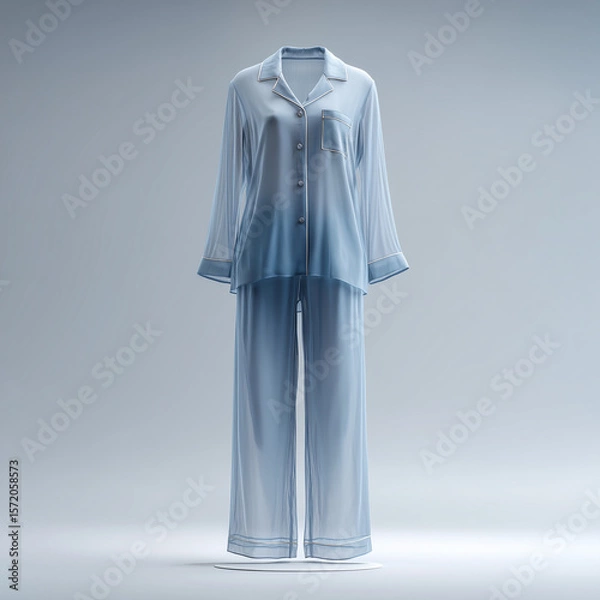 Fototapeta pajama mock up, plain blue sheer rayon pajamas with wide collar, neutral light grey background with soft studio lighting, ai generated images.