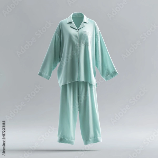 Fototapeta pajama mock up, plain mint green sheer rayon pajamas with wide collar, floating, neutral light gray background with soft studio lighting, ai generated images.