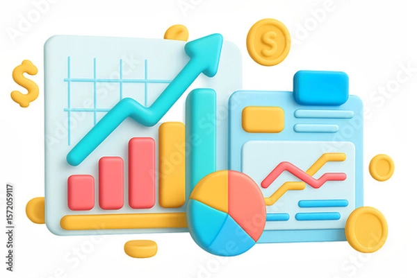 Fototapeta Digital 3D Stock Market Analysis in PNG transparent background with Growth Charts and Financial Investment Data.