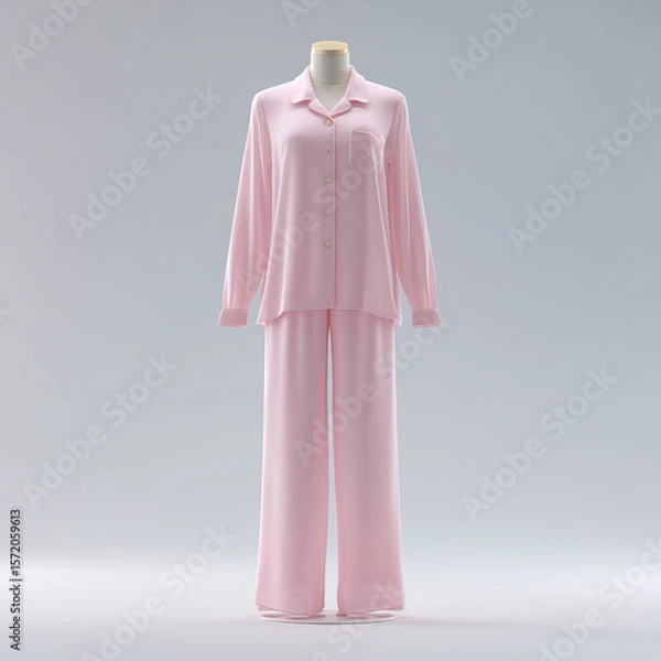 Fototapeta pajama mock up, plain pink sheer rayon pajamas with wide collar, on mannequin, neutral light grey background with soft studio lighting, ai generated images.