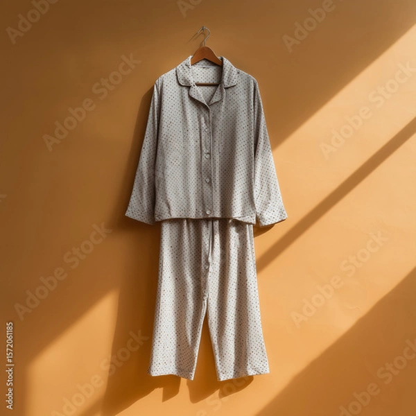 Fototapeta pajama mock up, soft cotton pajamas with small polka dots pattern with loose pants, silver color, floating, bright gray background,ai generated images.