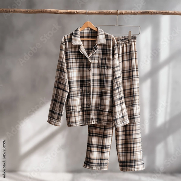 Fototapeta pajamas mock up, classic brown and black plaid flannel pajamas, fabric texture looks soft and fluffy, on manekin, bright gray background, ai generated images.