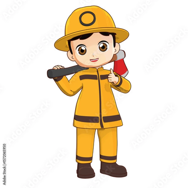 Fototapeta 3D illustration of a cartoon firefighter boy in yellow uniform holding an axe and showing a thumbs-up confident pose.